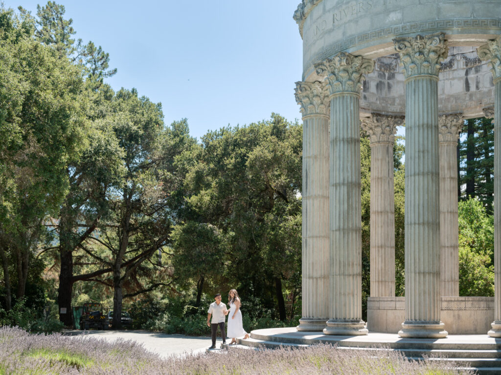 Wide shot of couple during their Pulgas Water Temple engagement session