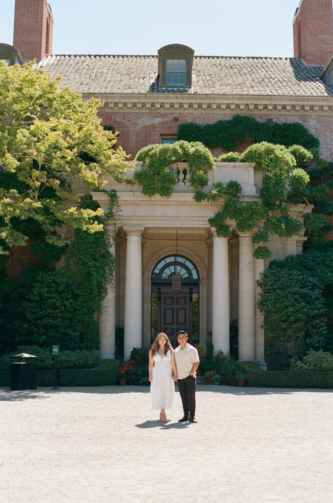 Engaged couple on film at the Filoli estate