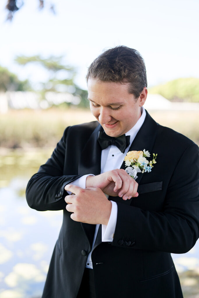 Groom getting ready with me at his Half Moon Bay Golf Links Wedding