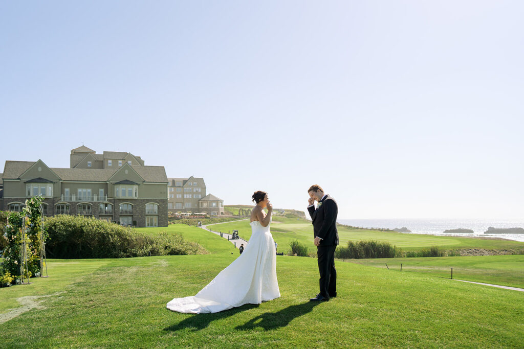Emotional, teary first look moment at Ritz Carlton Half Moon Bay wedding