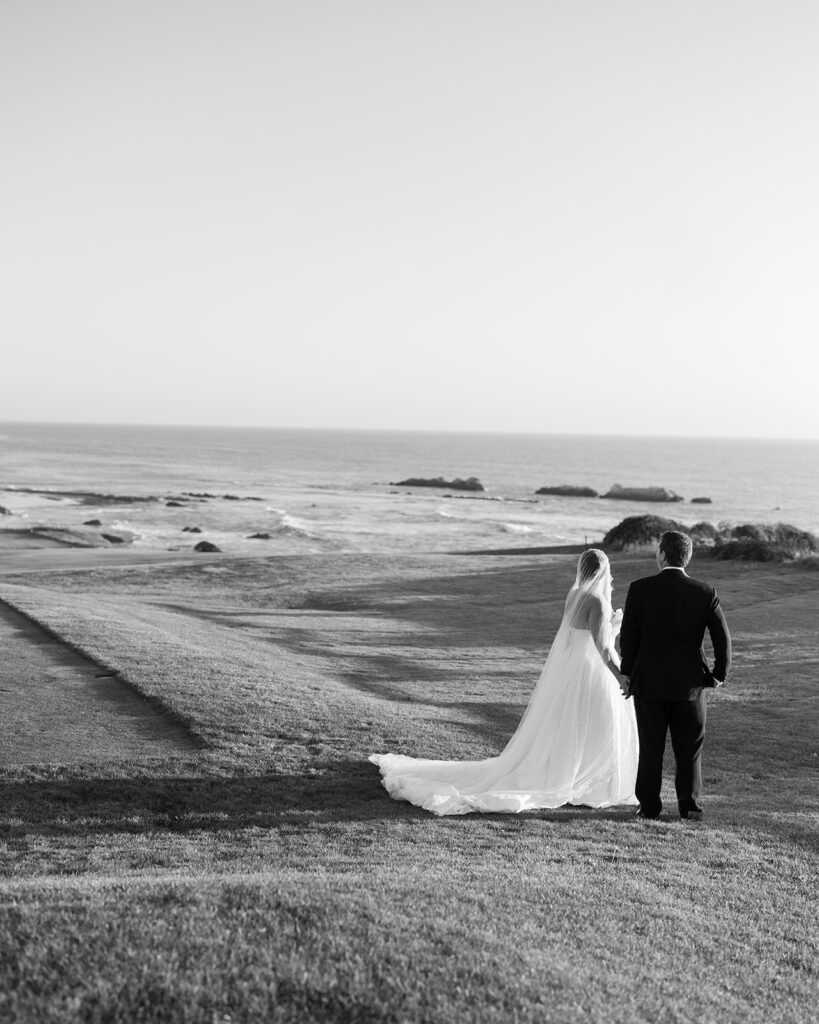 Golden hour portraits with bride and groom with sweeping coastal views at their Half Moon Bay wedding