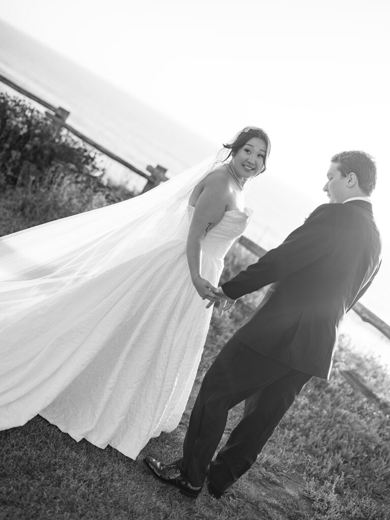 Bride and groom sneak off to golden hour portraits during their coastal san francisco bay area wedding