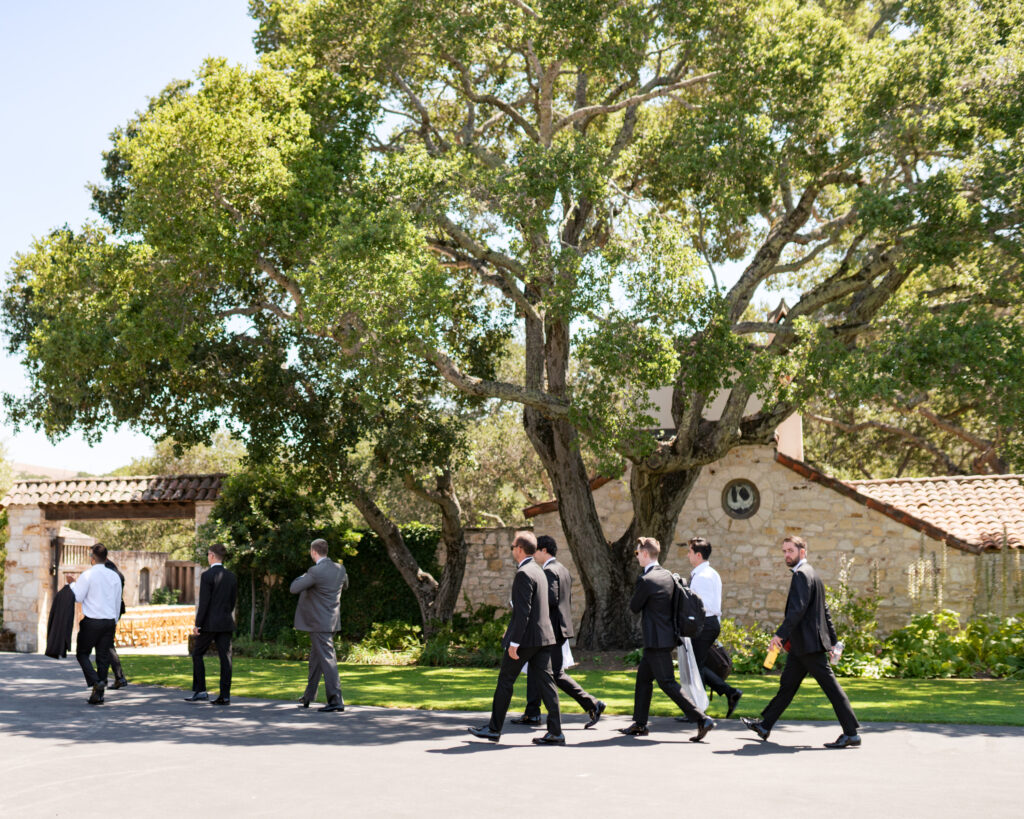 Groomsmen head to get ready together at Holman Ranch