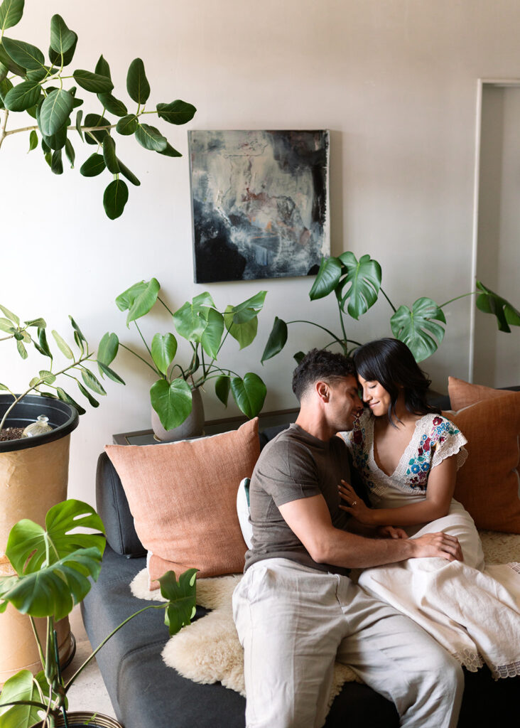 Newly engaged couple post for their lifestyle engagement photos in the San Francisco Bay Area