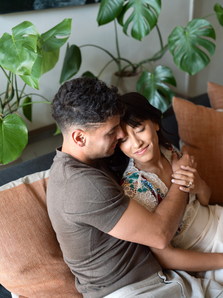 Newly engaged couple post for their lifestyle engagement photos in the San Francisco Bay Area