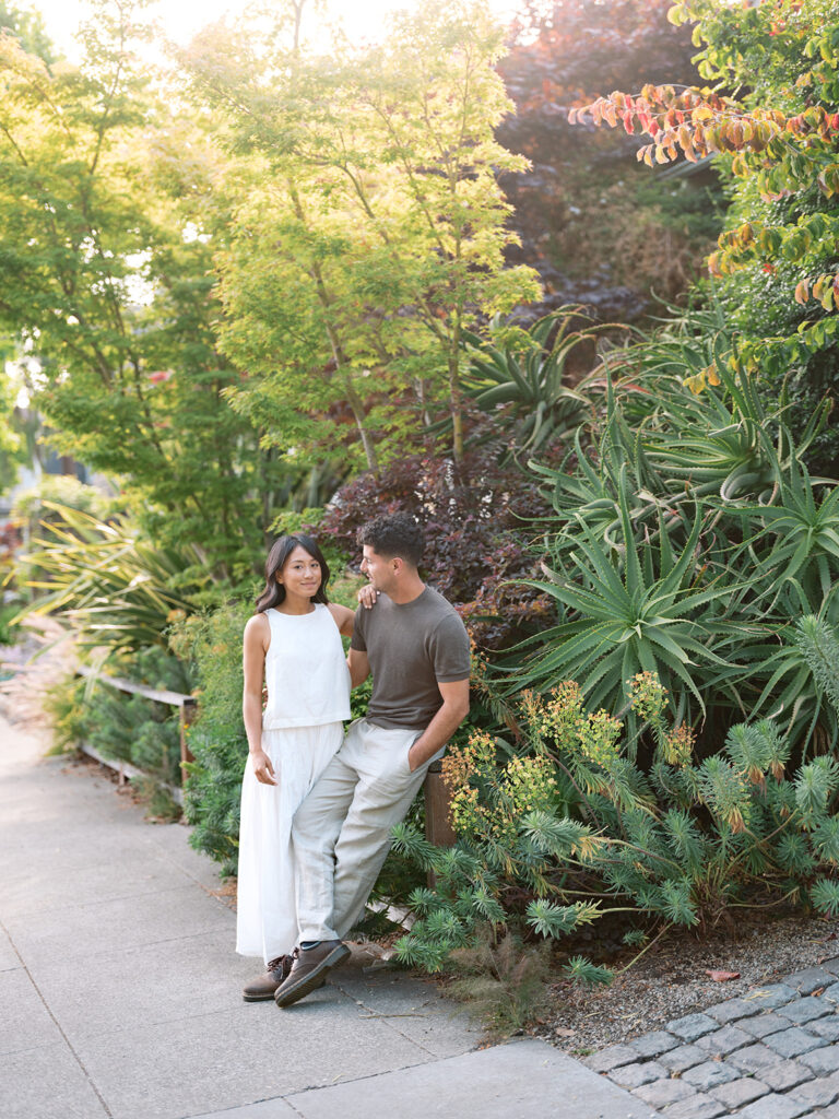 Kelli and Frank in downtown Oakland with the cacti and succulents of Northern California landscape