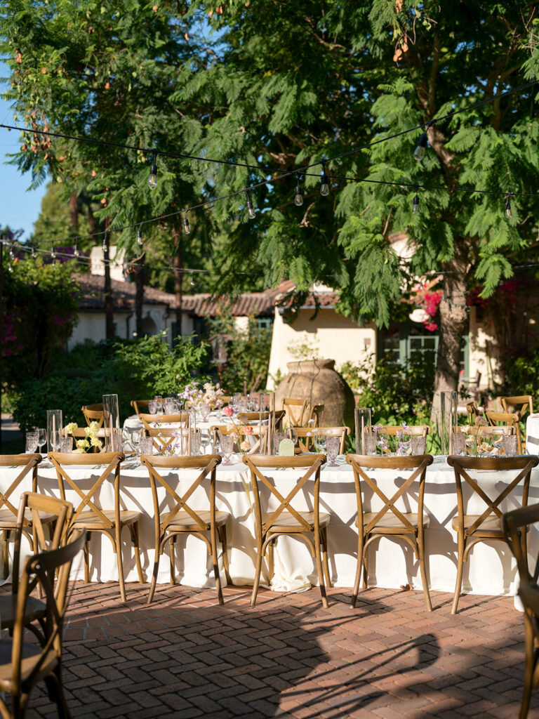 Whimsical garden reception details at Bay Area wedding venue, the Allied Arts Guild in Menlo Park