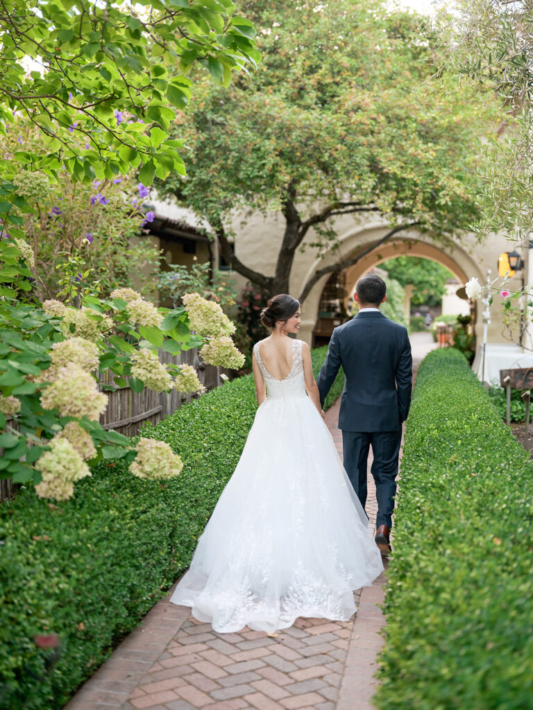 bride and groom sunset portraits at Bay Area wedding venue, the Allied Arts Guild